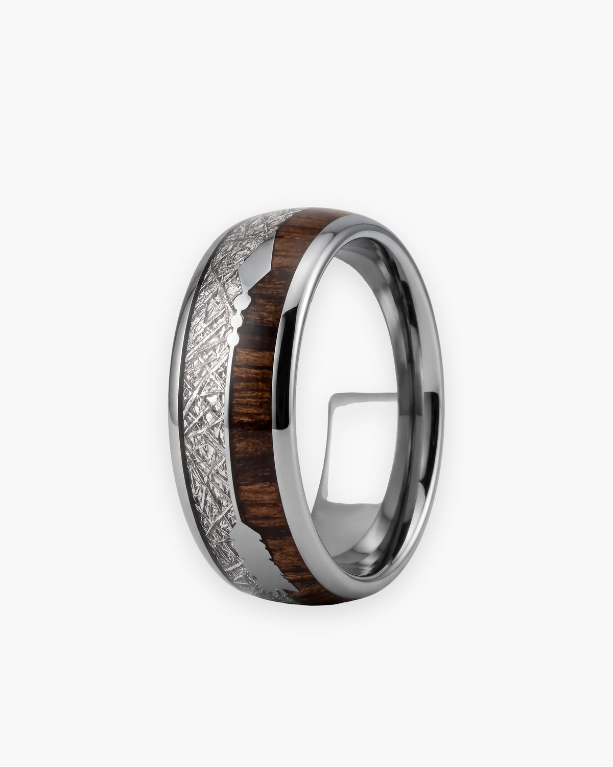 Atlas wood and meteorite-look inlay tungsten ring in silver-tone tungsten carbide [c:silver]