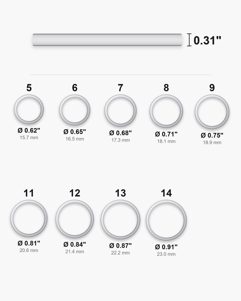Atlas ring sizes 5 to 14 with inner diameters and the 0.31 inch band width [u:in]