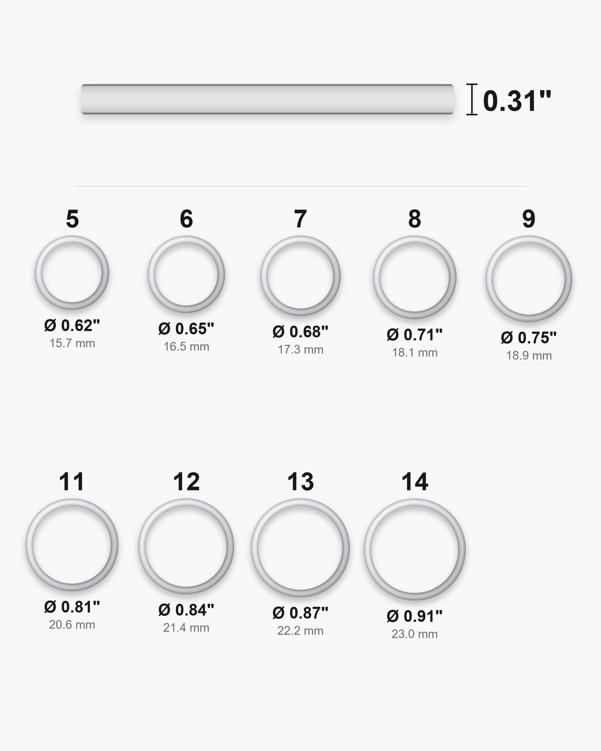 Atlas ring sizes 5 to 14 with inner diameters and the 0.31 inch band width [u:in]