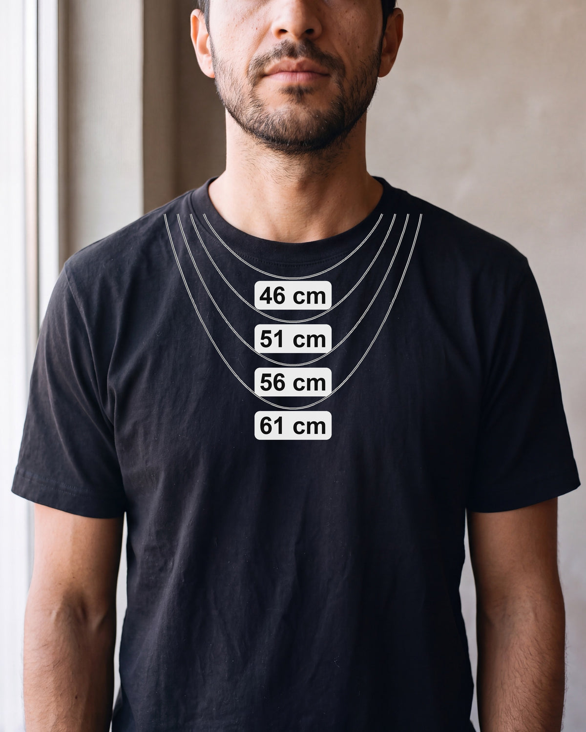 Atlas chain lengths 46, 51, 56 and 61 cm shown on a man's chest [u:mm]