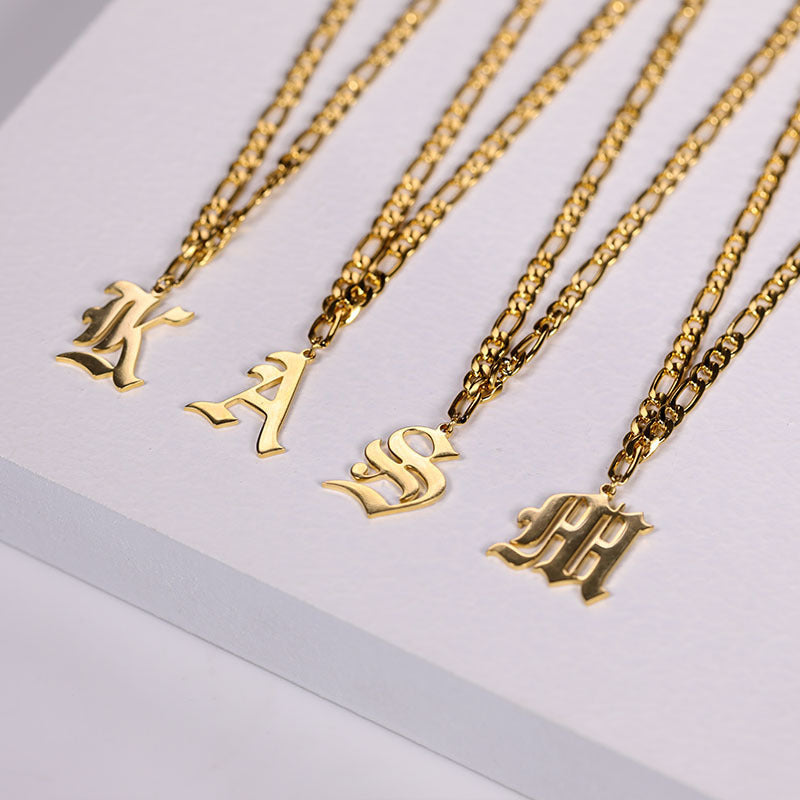 Gold-Tone Old English Letter Pendant Necklace, initial, Figaro chain