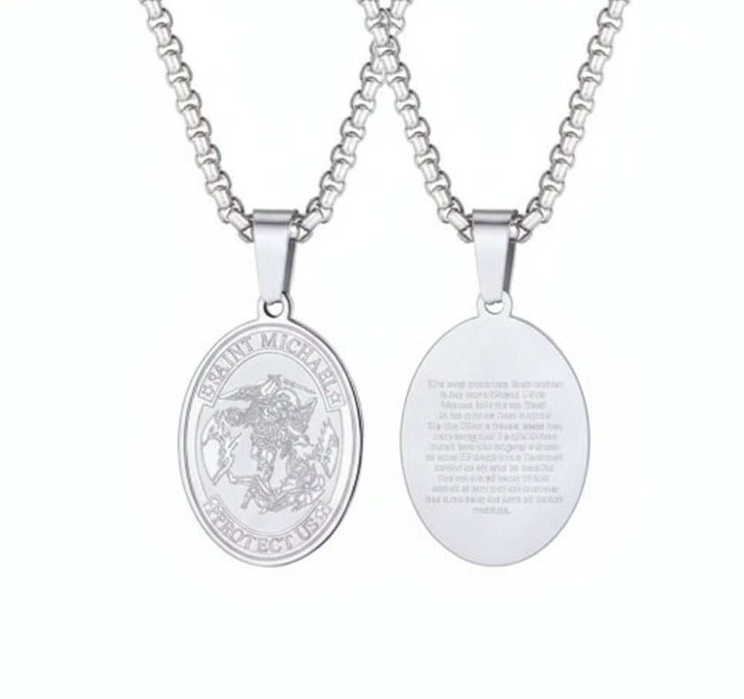 Saint Michael Oval Pendant Necklace in gold-tone, silver-tone, and black finishes view 6