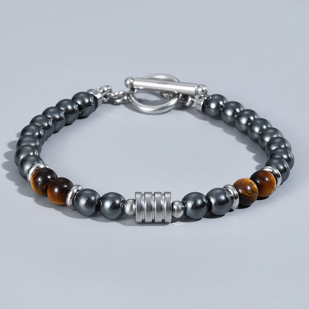 The Toggle Clasp Stone Bead Bracelet with Steel Accents, view 2