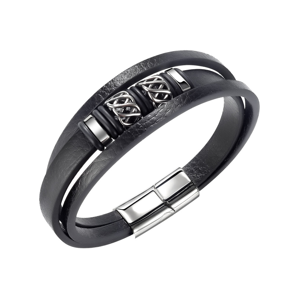 Multi-Strand Leather Knotwork Bracelet with silver-tone metal details and magnetic clasp