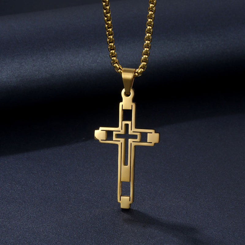 Hollow Geometric Cross Pendant Necklace, silver-tone on dark background view 2
