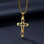 Hollow Geometric Cross Pendant Necklace, silver-tone on dark background view 2
