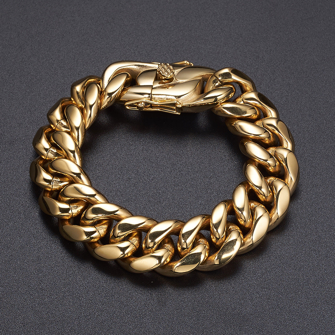 The Double-Latch Gold-Tone Cuban Bracelet in Steel, view 3