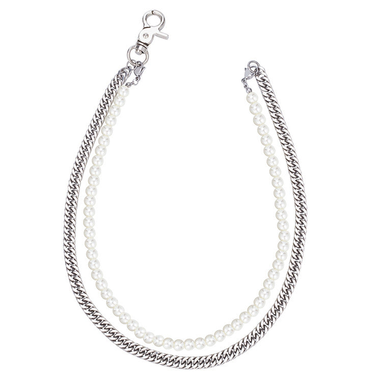 The Layered Pearl and Curb Chain Necklace in Steel, view 6