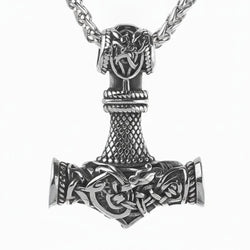 Viking Mjolnir Hammer Pendant Necklace with intricate knotwork on a wheat chain view 9