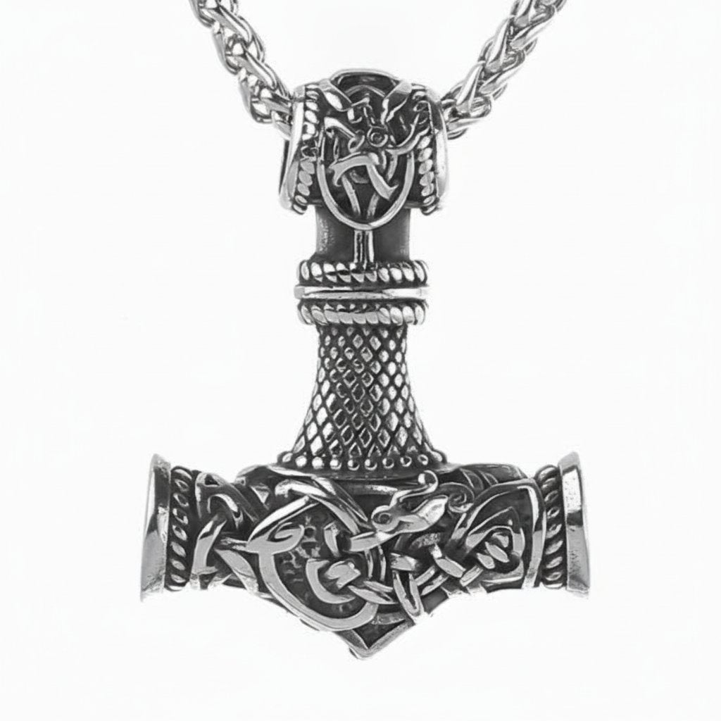 Viking Mjolnir Hammer Pendant Necklace with intricate knotwork on a wheat chain view 9