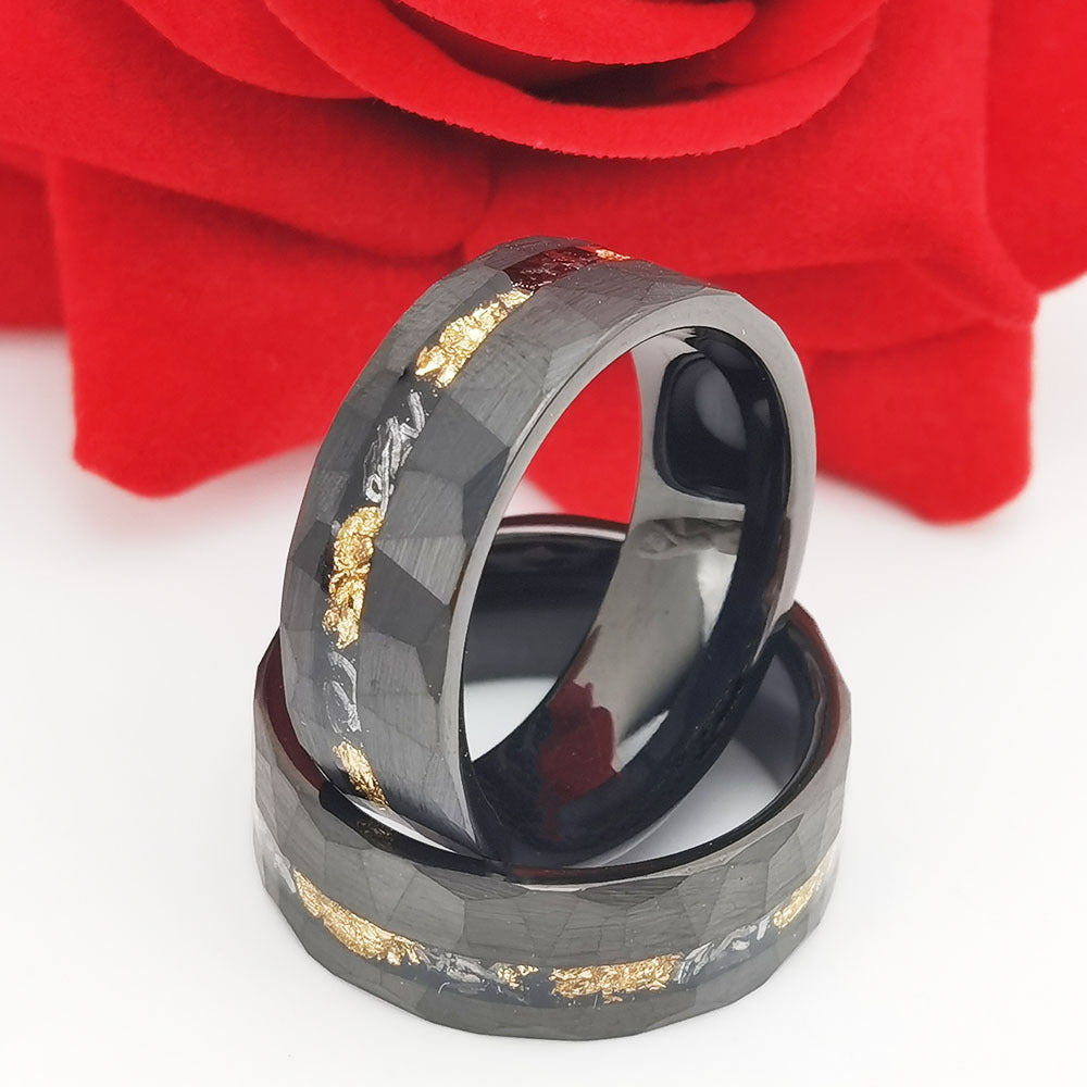 Black Faceted Tungsten Carbide Gold Flake Ring close up view 3