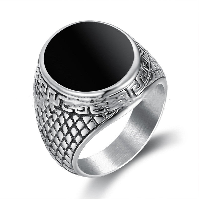 Stainless Steel Black Inlay Signet Ring with geometric patterns