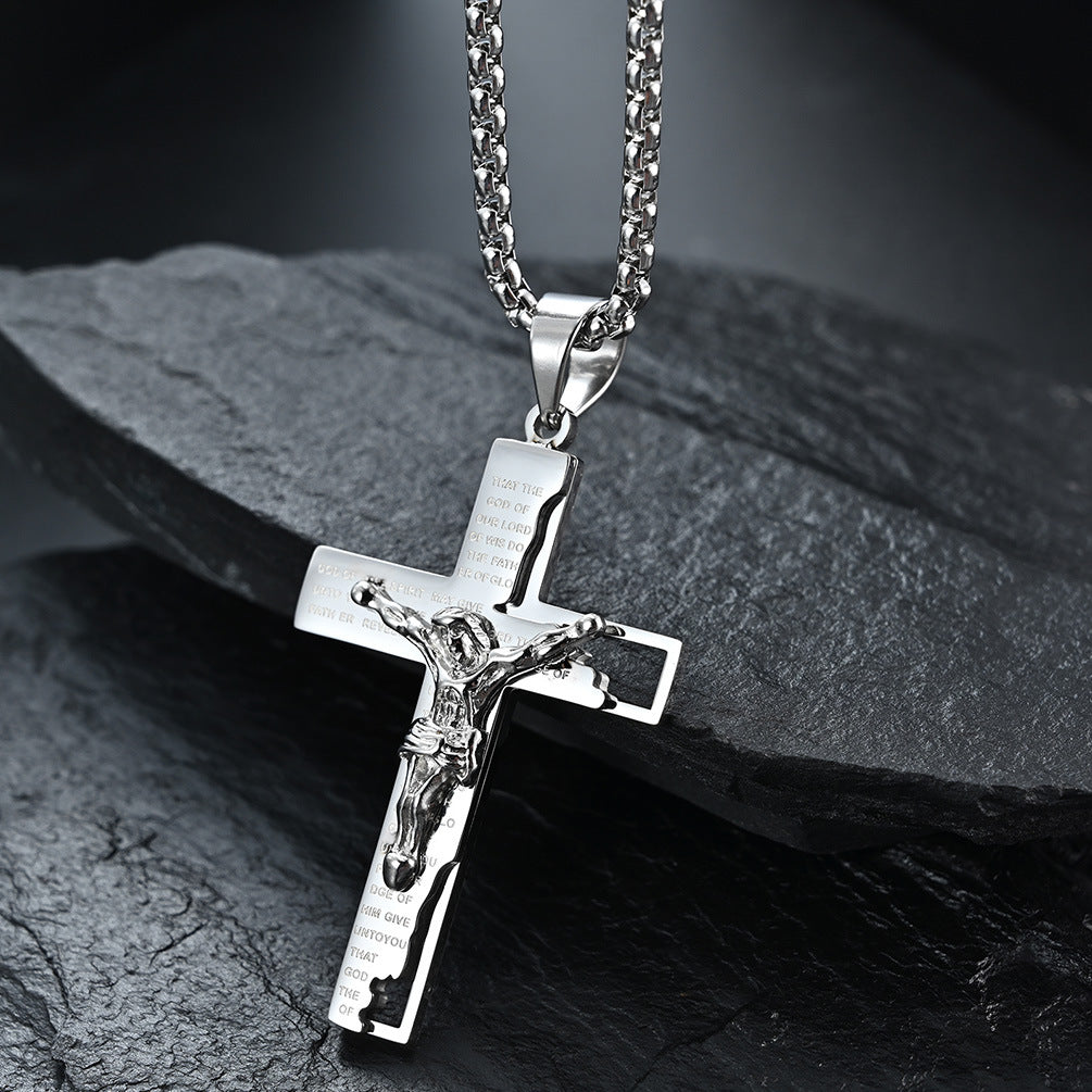 Crucifix Pendant Necklace with engraved scripture in silver finish