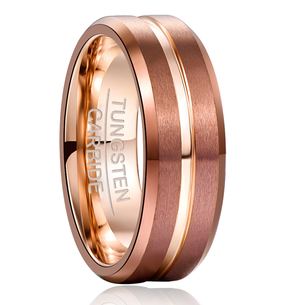 Rose Gold Brushed Groove Tungsten Ring - men's band