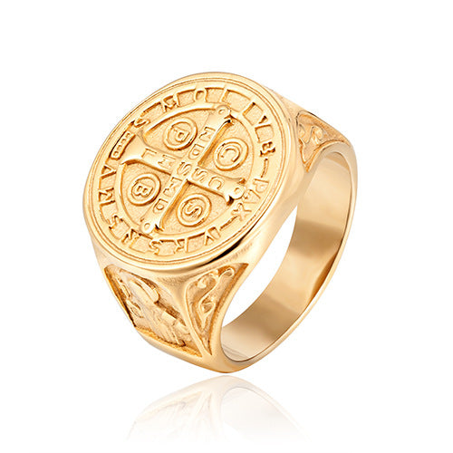 Saint Benedict Medal Signet Ring in gold-tone and silver-tone finishes view 2