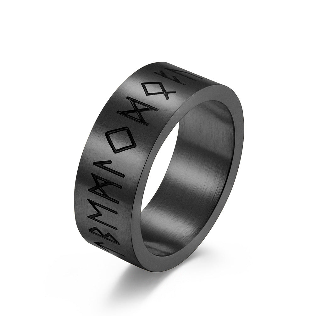 Brushed Stainless Steel Rune Ring - silver finish, etched symbols view 2