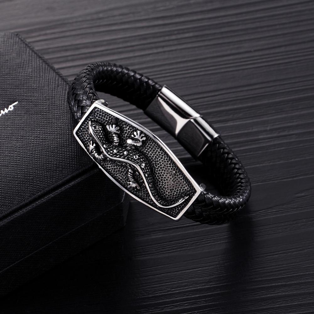 Braided Leather Lizard Plaque Bracelet with a raised lizard design view 3