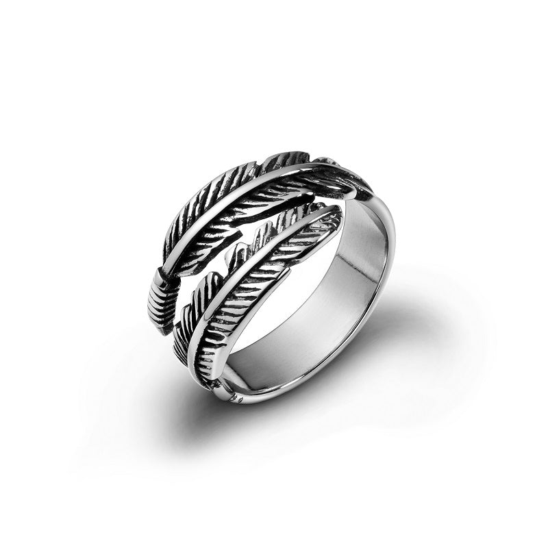 Dual Feather Stainless Steel Ring, feather design, men's ring