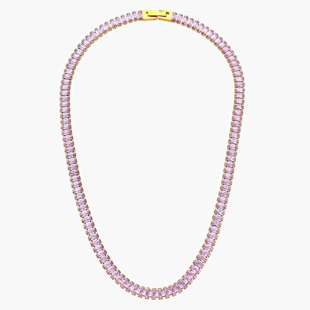 Baguette CZ Tennis Chain Necklace with gold-tone finish and clear stones view 4