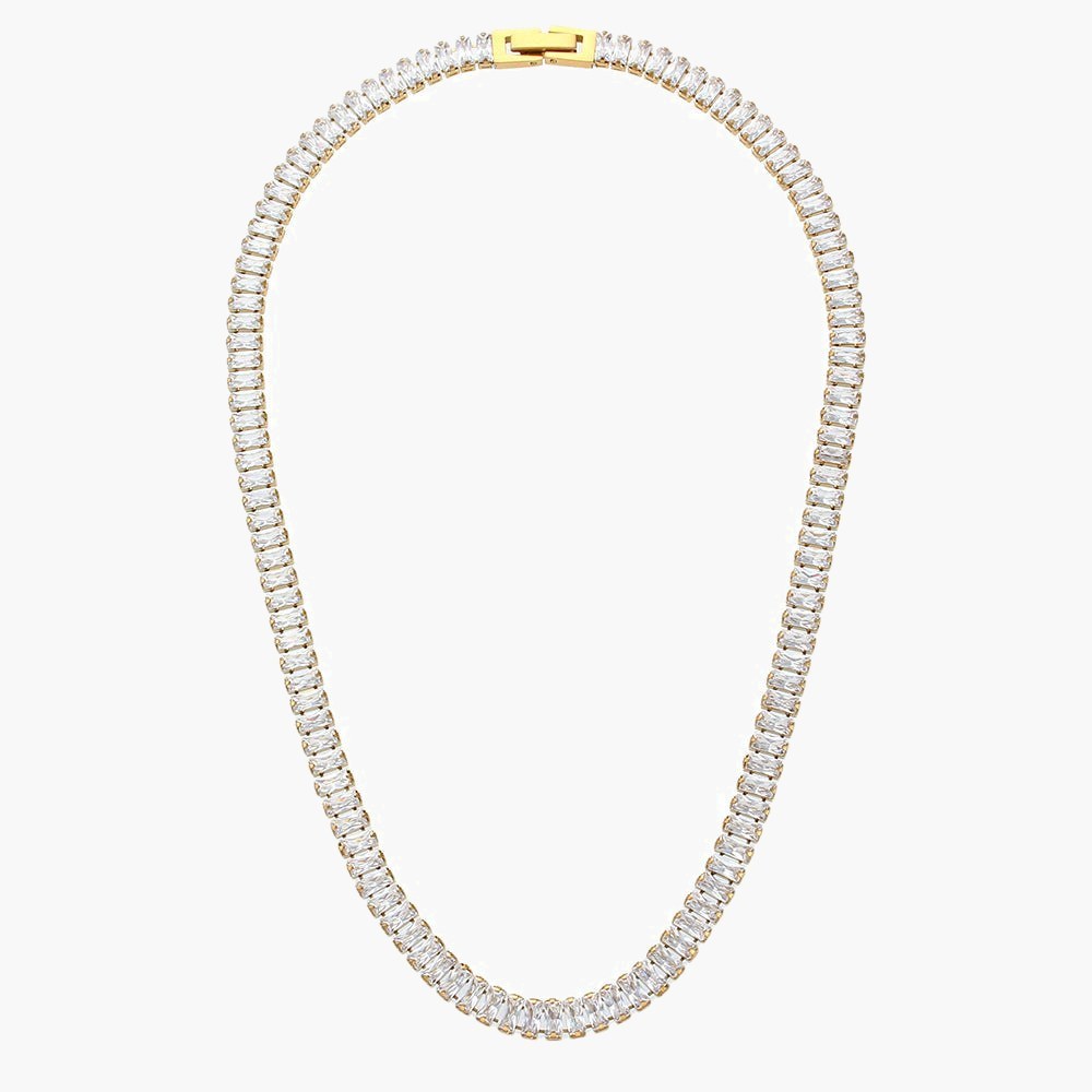 Baguette CZ Tennis Chain Necklace with gold-tone finish and clear stones view 5