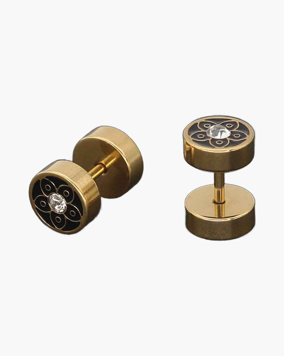 Barbell Stud Earrings with Inlay - Gold-tone geometric floral stud