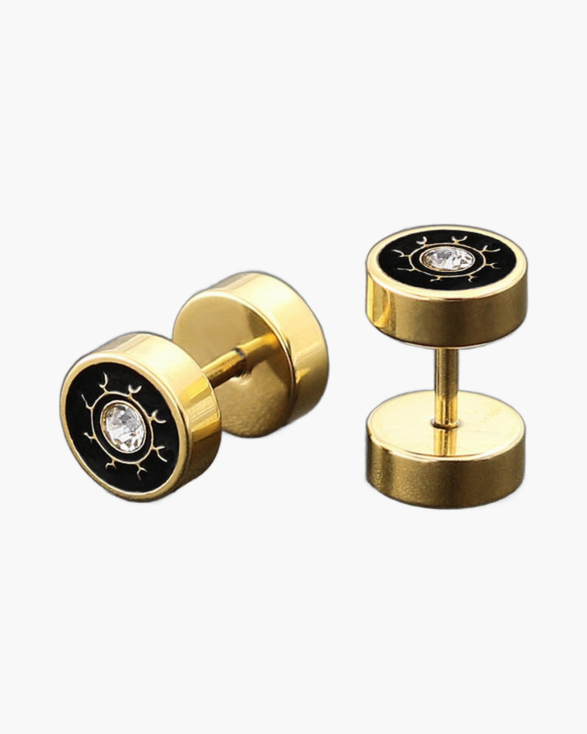 Barbell Stud Earrings with Inlay - Gold-tone geometric floral stud view 5