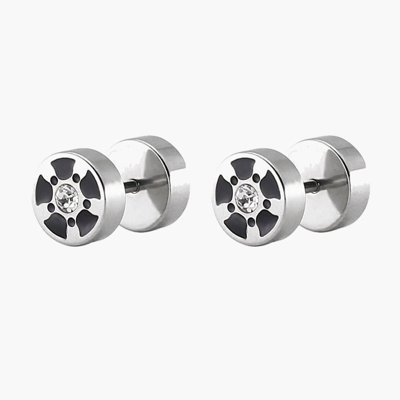 Barbell Stud Earrings with Inlay - Gold-tone geometric floral stud view 6