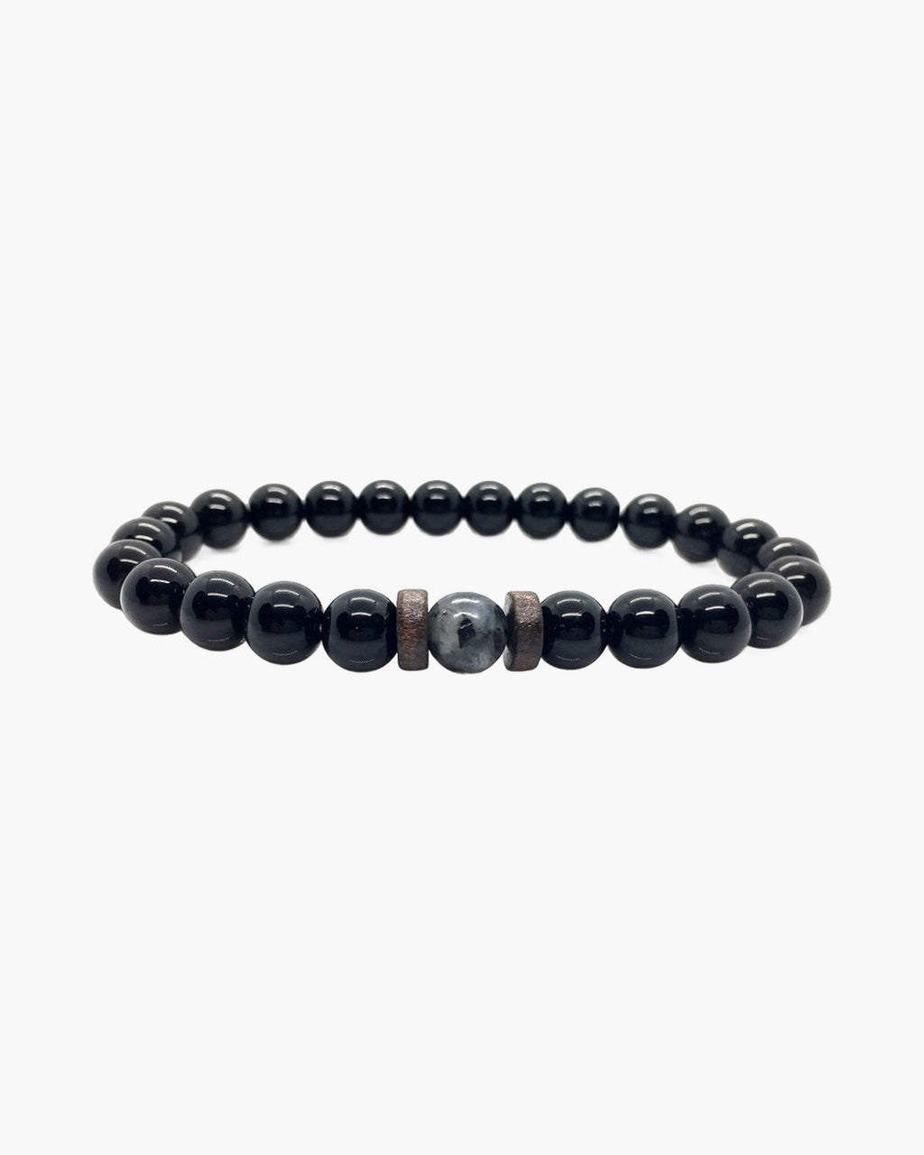 The Black Bead Bracelet with Lapis or Grey Stone, Glossy Black - Grey Stone