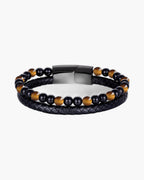 The Double-Strand Leather and Stone Bead Bracelet, Black