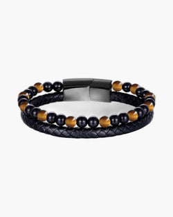 The Double-Strand Leather and Stone Bead Bracelet, Black