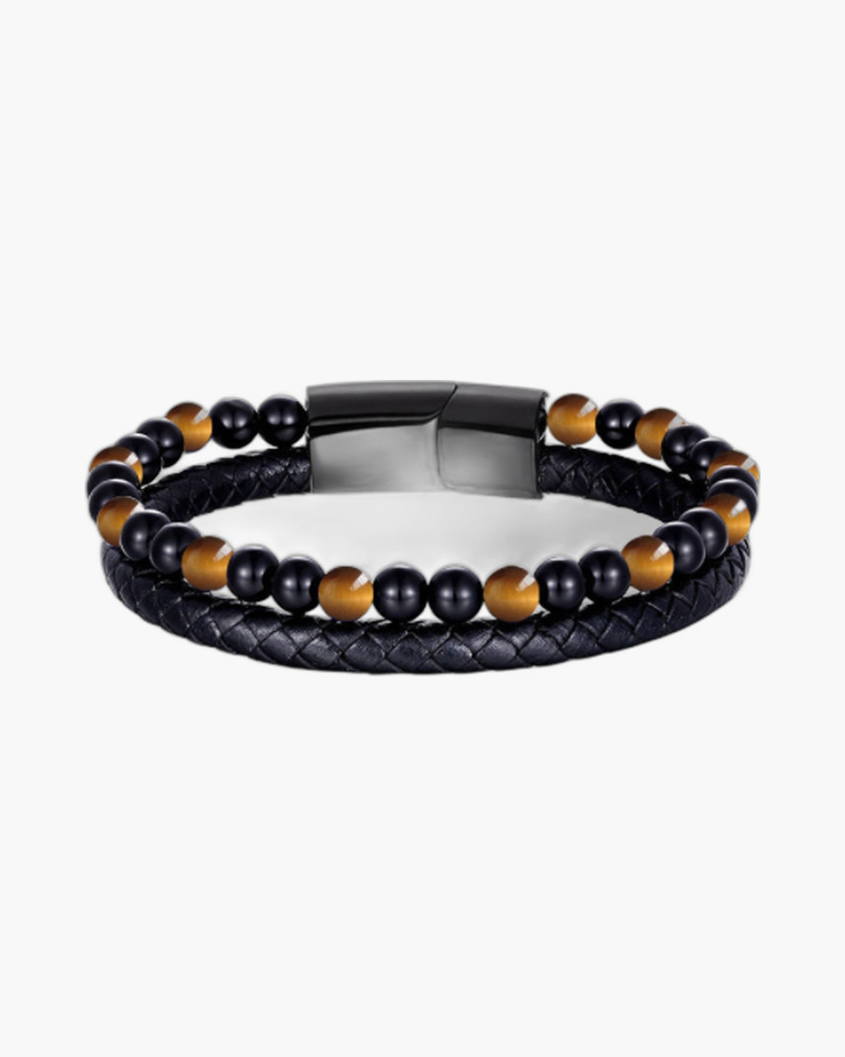 The Double-Strand Leather and Stone Bead Bracelet, Black