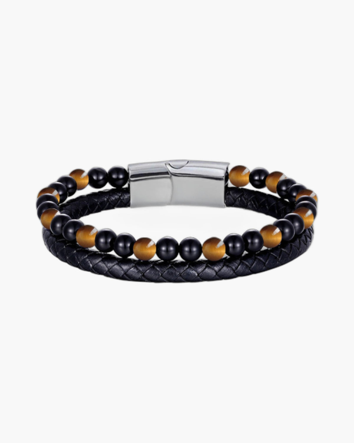 The Double-Strand Leather and Stone Bead Bracelet, Silver
