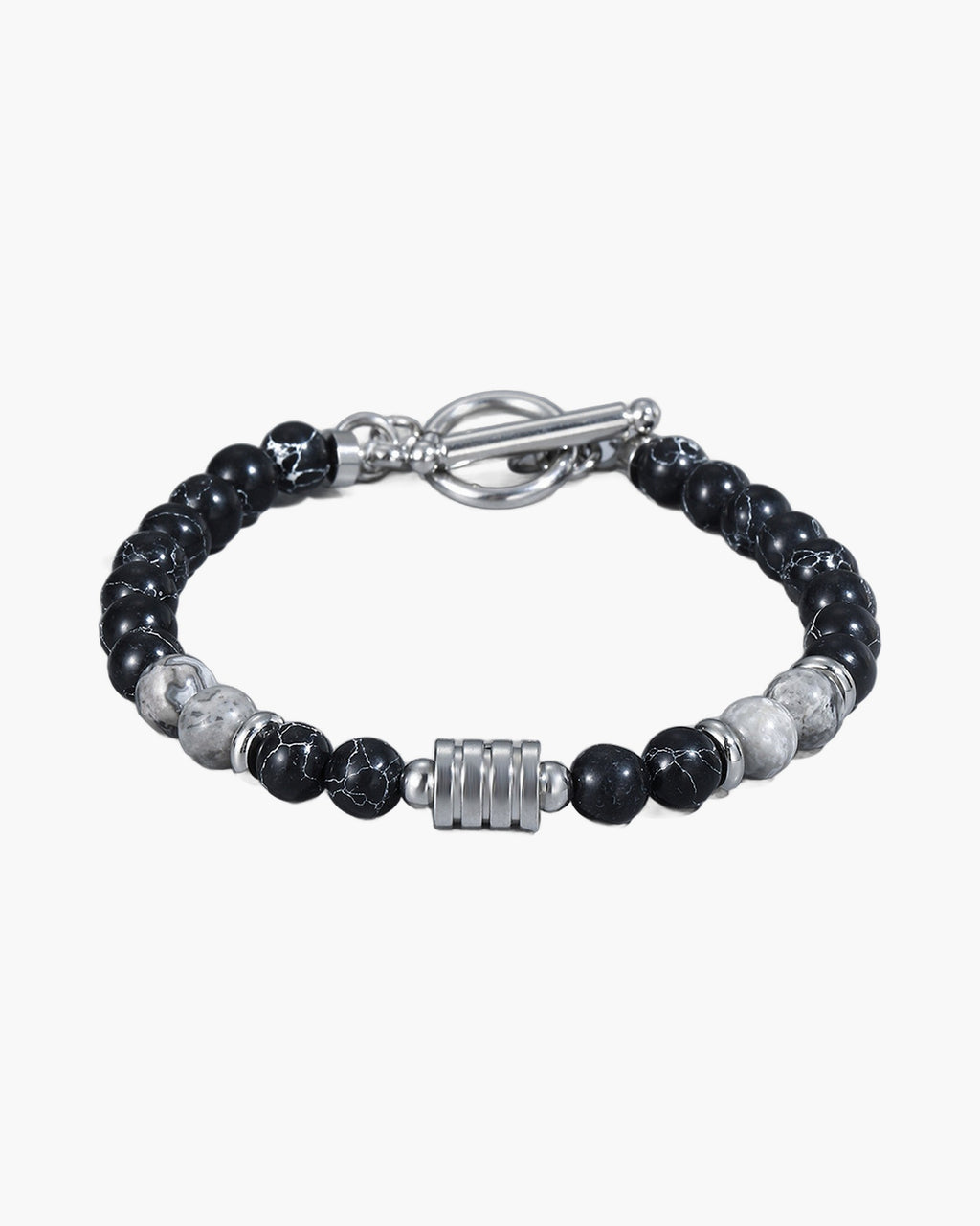 The Toggle Clasp Stone Bead Bracelet with Steel Accents, Black Marble & Map Stone