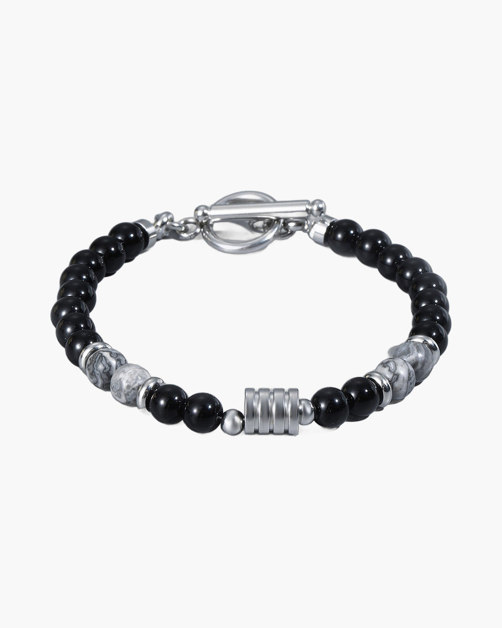 The Toggle Clasp Stone Bead Bracelet with Steel Accents, Black & Map Stone