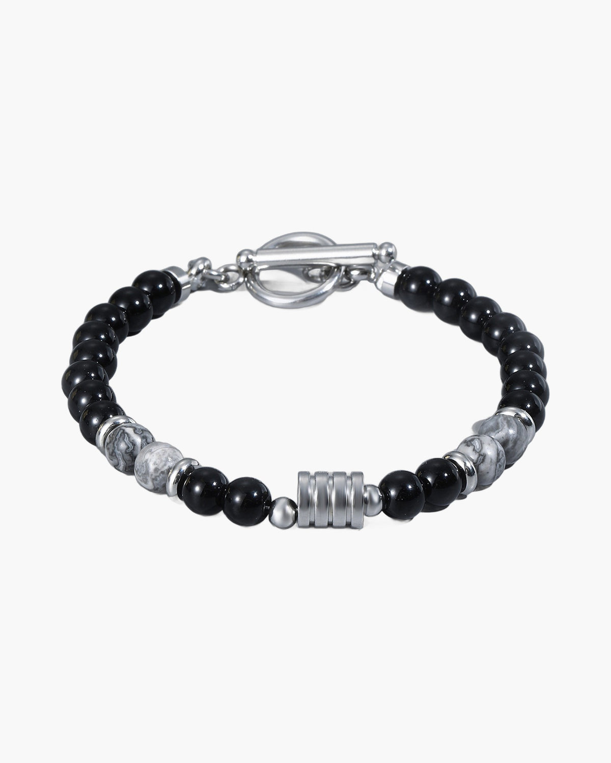 The Toggle Clasp Stone Bead Bracelet with Steel Accents, Black & Map Stone