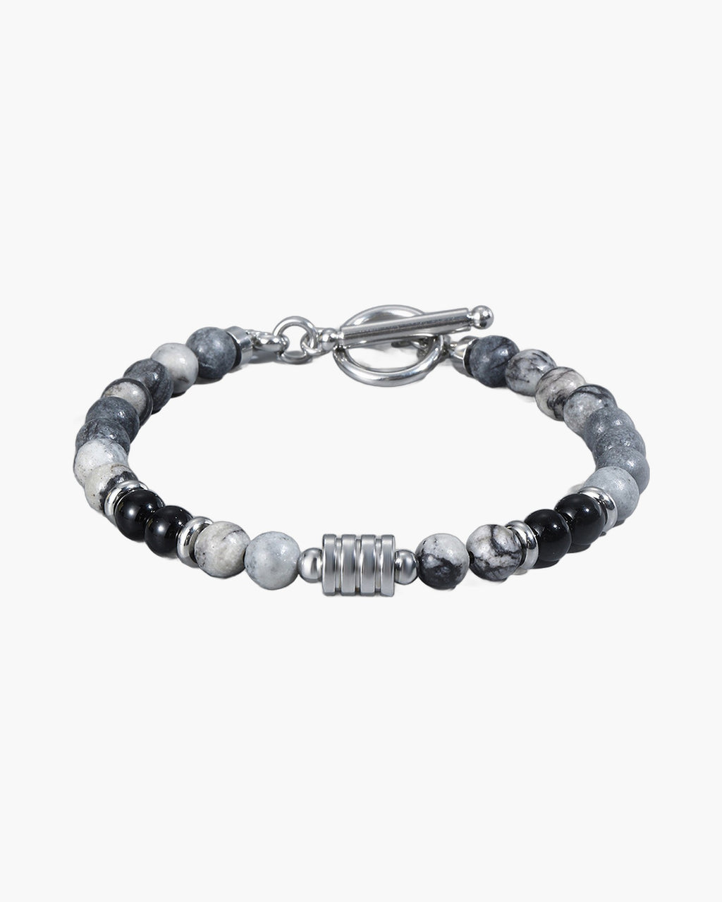 The Toggle Clasp Stone Bead Bracelet with Steel Accents, Gray Network