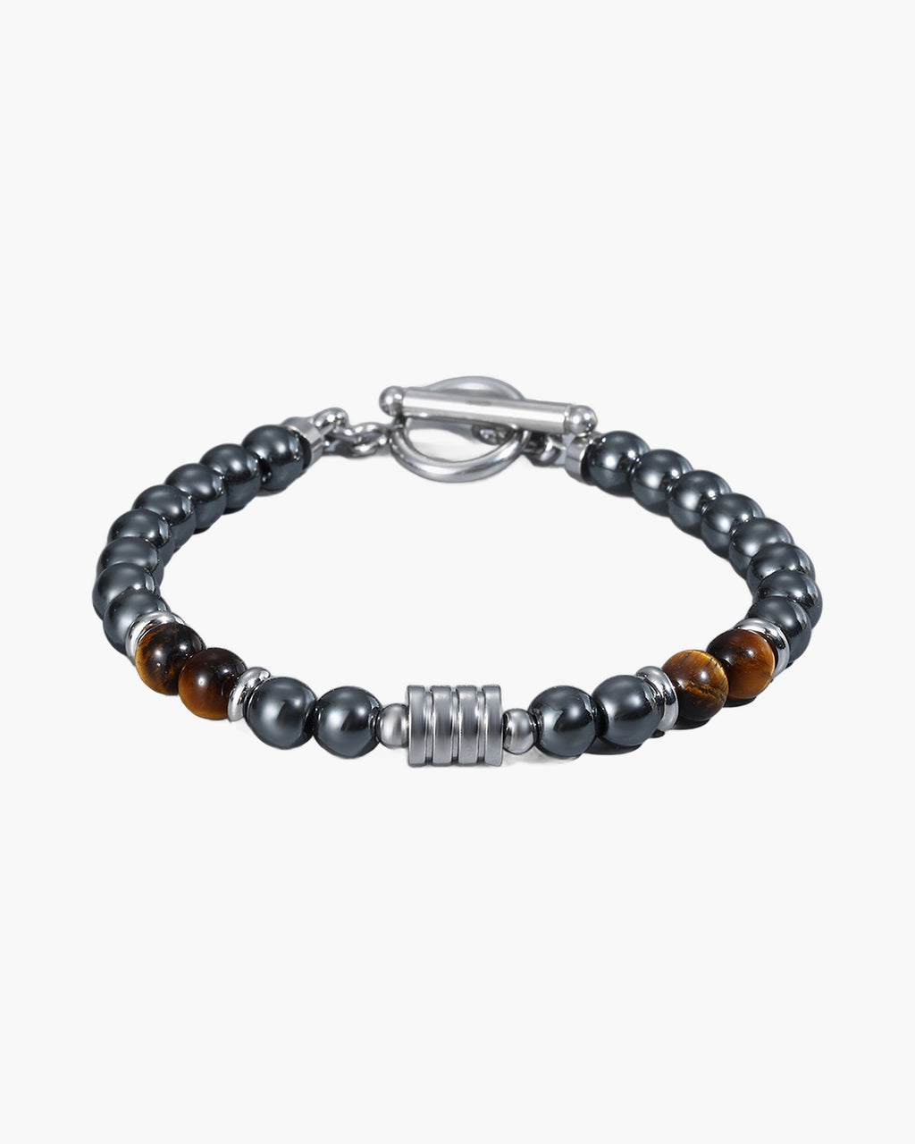 The Toggle Clasp Stone Bead Bracelet with Steel Accents, Hematite & Tiger Eye