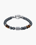 The Toggle Clasp Stone Bead Bracelet with Steel Accents, Hematite & Tiger Eye