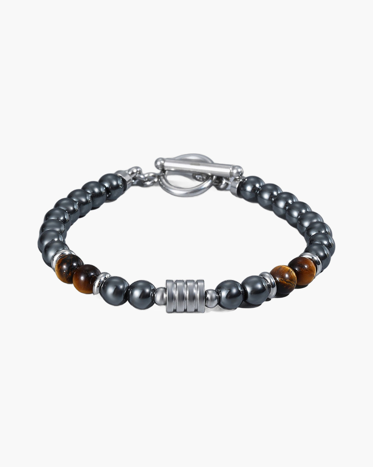 The Toggle Clasp Stone Bead Bracelet with Steel Accents, Hematite & Tiger Eye