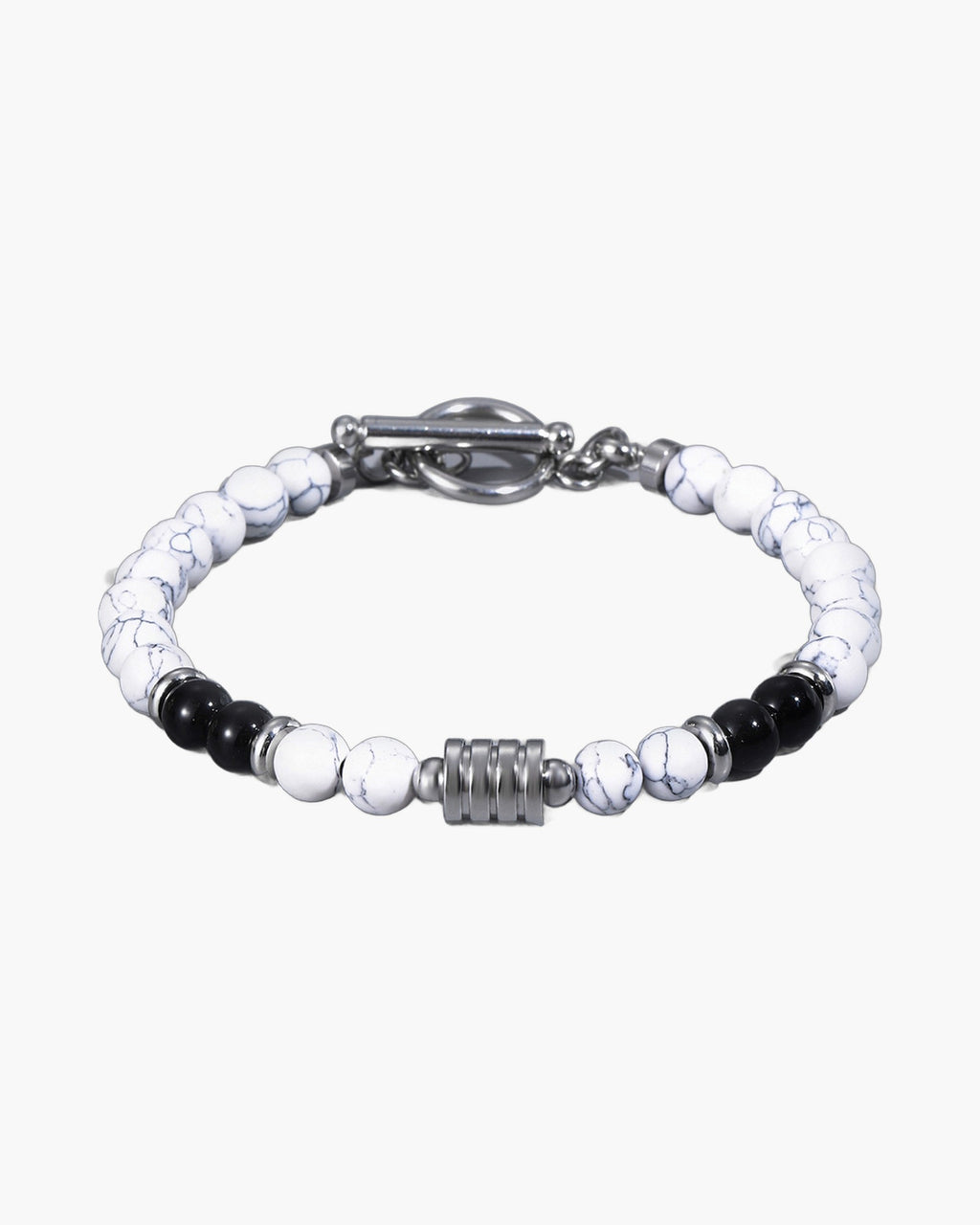 The Toggle Clasp Stone Bead Bracelet with Steel Accents, White & Black