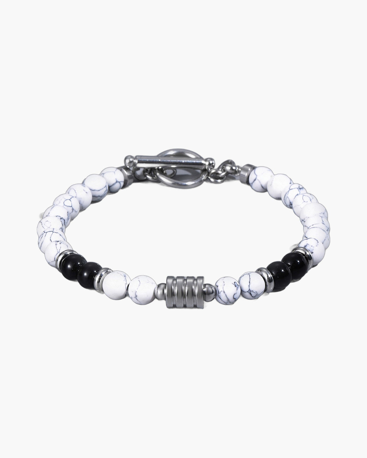 The Toggle Clasp Stone Bead Bracelet with Steel Accents, White & Black