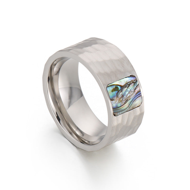 Titanium Steel Hammered Abalone Inlay Ring, abalone inlay, hammered texture view 3
