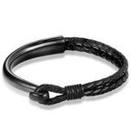 Braided Leather Curved Hook Bracelet in gold-tone and black view 2
