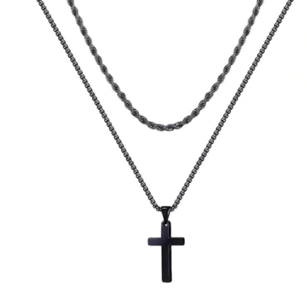 Titanium Steel Layered Cross Necklace in silver finish view 3
