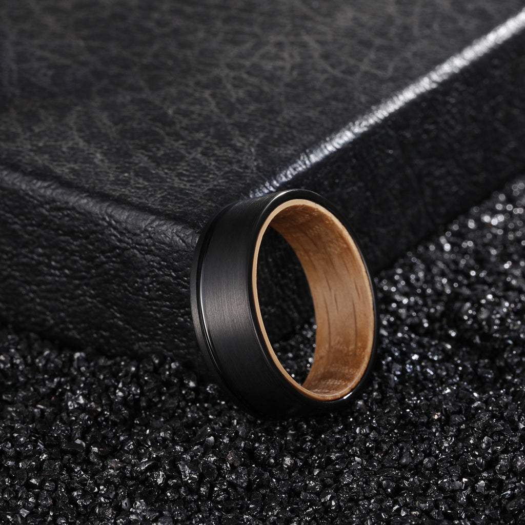 8mm Black Tungsten Carbide Wood Inlay Ring, modern, durable, men's jewelry view 4
