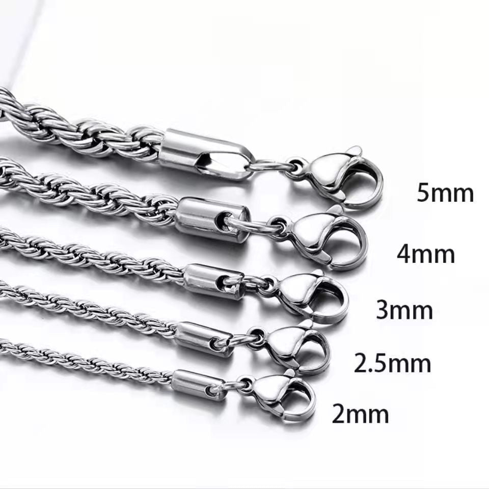 2-5mm Stainless Steel Rope Chain on dark wood texture view 4
