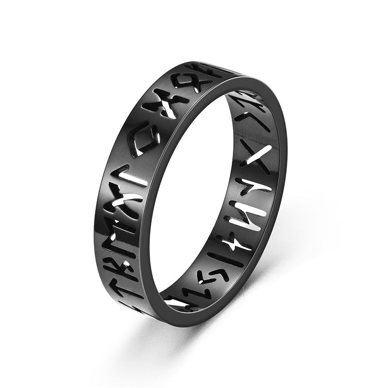 Hollow Rune Stainless Steel Band Ring in black finish view 2