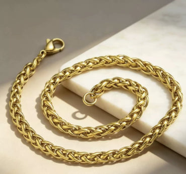 Titanium Steel Wheat Chain Necklace gold-tone on white background view 9