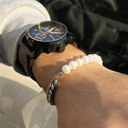 The Half Pearl Cuban Bracelet in Titanium Steel, view 2