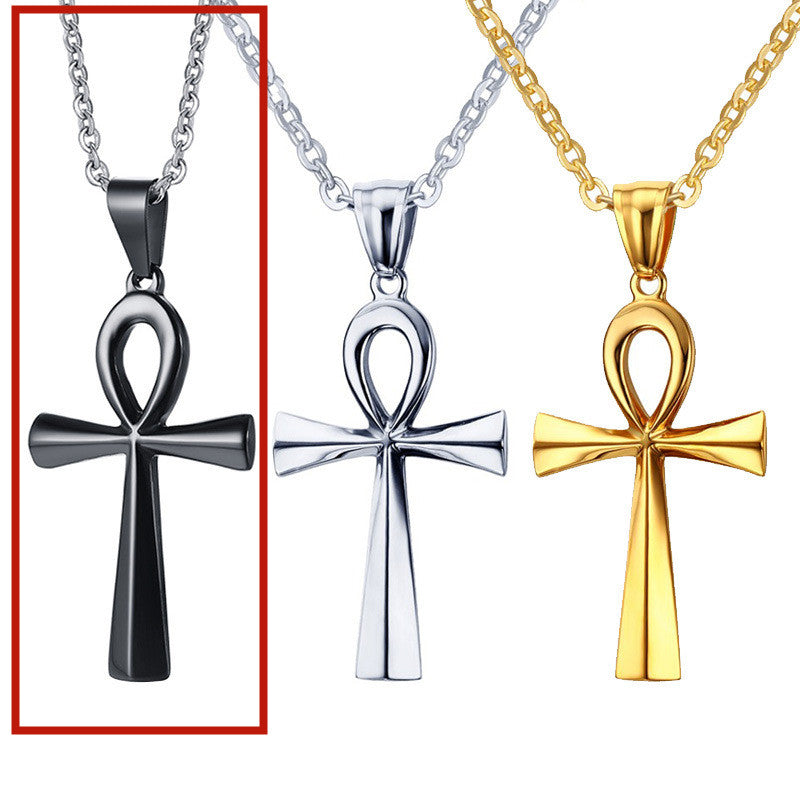 Titanium Steel Ankh Cross Pendant Necklace silver finish on black background view 4